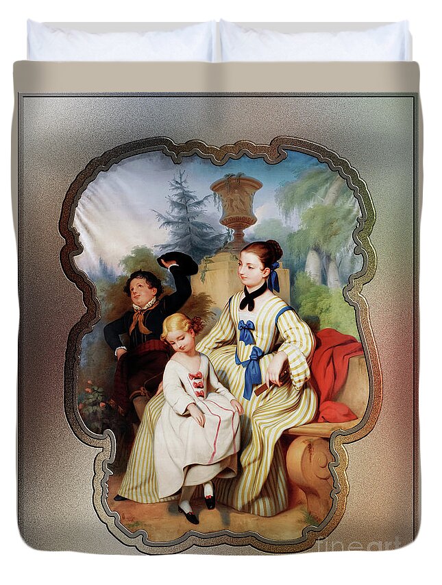Girl Duvet Cover featuring the painting Girl With A Fan And Two Children In Elegant Dress Remastered Retro Art Xzendor7 Reproductions by Rolando Burbon