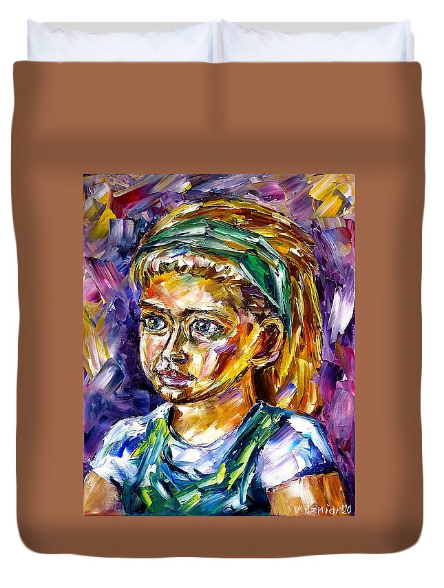 Girl Portrait Duvet Cover featuring the painting Girl With A Green Hair Band by Mirek Kuzniar