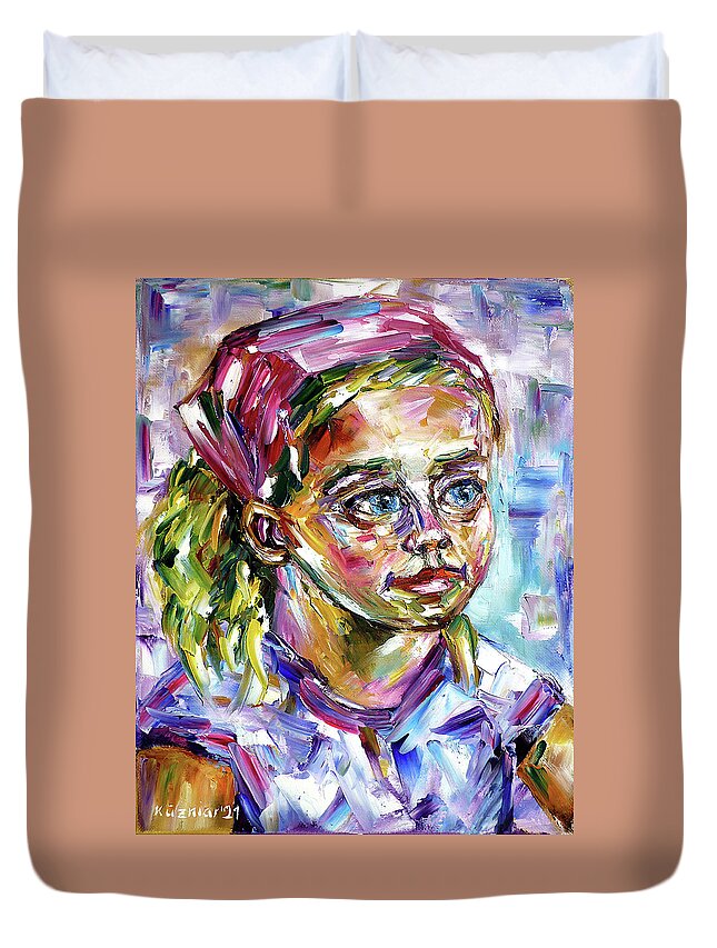 Child From Holland Duvet Cover featuring the painting Girl With A Pink Hair Band by Mirek Kuzniar