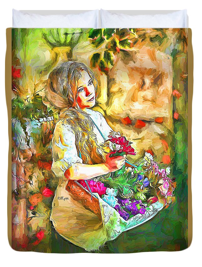 Paint Duvet Cover featuring the painting Girl with Flowers by Nenad Vasic