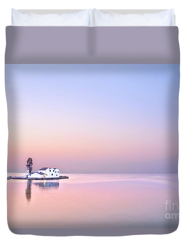 Sunrise Tree White Haven House Single Lonely Loneliness Alone Solo Solitary Relaxation Blue Sky Pink Sea Creative Unwinding Calm Serene Tranquillity Untroubled Minimalist Stylish Minimalism Glorious Impression Impressionistic Landscape Scenic Mindfulness Singular Charming Atmospheric Aesthetic Dawn Sentimental Delicate Gentle Evocative Panoramic Unspoiled Peaceful Tranquility Morning Simplicity Pastel Watercolor Conceptual Expressive Serenity Inspirational Magic Poetic Delightful Simple Seascape Duvet Cover featuring the photograph Singled out at sea, Glorious dawn at sea Greece, Corfu calm and tranquility before sunrise by Tatiana Bogracheva