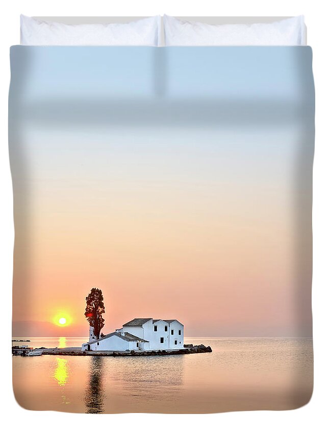 Creative White Happy Serene Tranquil Tranquillity Minimalist Minimalism Optimistic Singular Cheerful Charming Atmospheric Aesthetic Radiant Thrilling Glorious Peaceful Simplicity Pastel Tree Solitary Untroubled Scenic Delicate Gentle Panoramic Morning Sunrise Glory Sea Sun House Impression Haven Impressionistic Beautiful Calm Landscape Mindfulness Relaxation Blue Sky Pink Expressive Vivid Bright Solo Evocative Watercolor Serenity Inspirational Magic Poetic Powerful Delightful Simple Seascape Duvet Cover featuring the photograph Singled out at sea glory, Glory of sunrise at sea Was taken in Greece, Corfu when sun just is rising by Tatiana Bogracheva