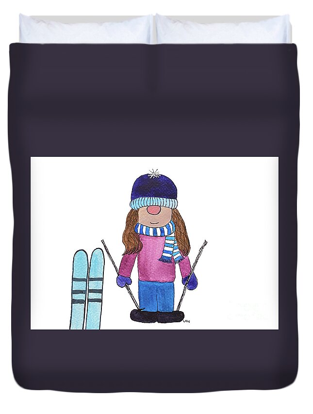 Gnome Girl Duvet Cover featuring the mixed media Gnome Girl with Skis by Lisa Neuman