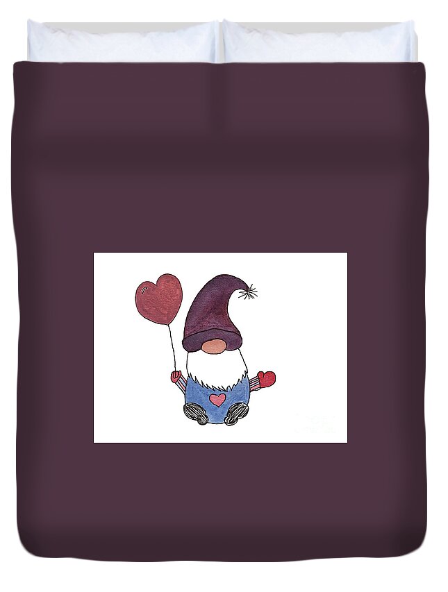 Valentine's Day Duvet Cover featuring the mixed media Gnome with Purple Hat by Lisa Neuman
