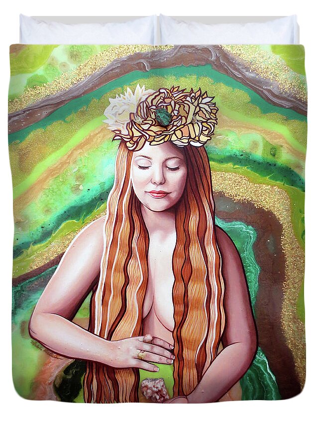 Art Duvet Cover featuring the painting Goddess Of Crystal Energies by Malinda Prud'homme