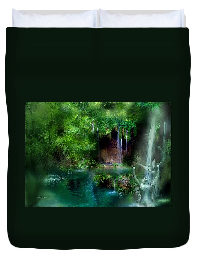 Goddess Duvet Cover featuring the mixed media Goddess Of The Waterfall by Carol Cavalaris