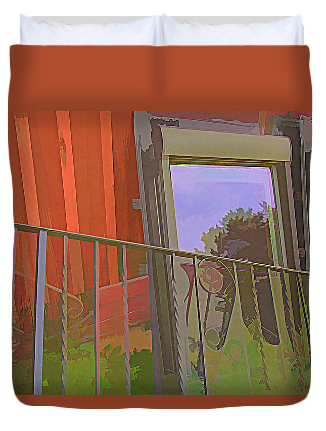 Old Windows And Gate Duvet Cover featuring the digital art Going Up by Steve Ladner