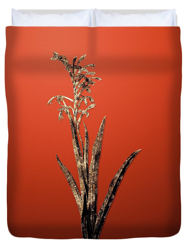 Gold Duvet Cover featuring the painting Gold Antholyza Aethiopica on Tomato Red n.02458 by Holy Rock Design