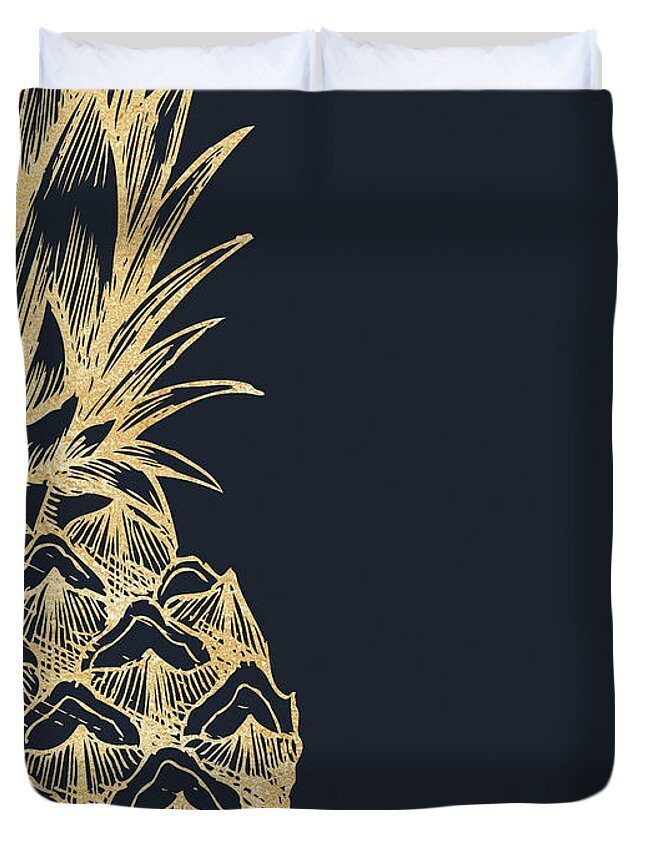 Pineapple Duvet Cover featuring the digital art Gold Glitter Pineapple - Night by Ink Well