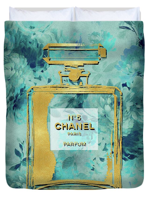Gold Perfume on Aqua Flowers Duvet Cover by Madeline Blake - Pixels