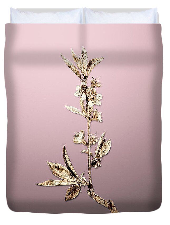 Gold Duvet Cover featuring the painting Gold Pink Flower Branch on Rose Quartz n.02768 by Holy Rock Design