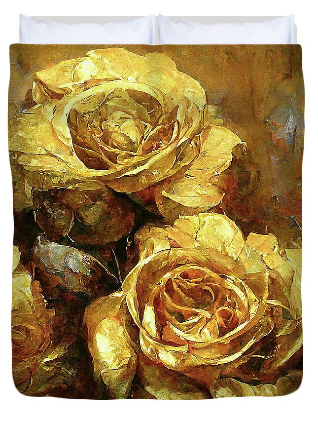 Gold Roses Duvet Cover featuring the painting Gold Roses 2 by Tina LeCour