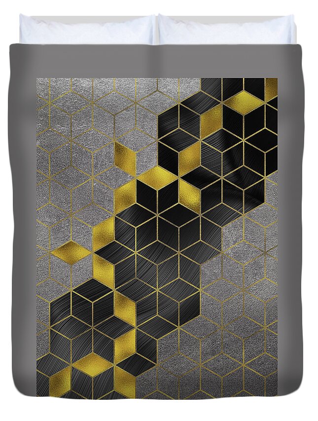 Abstract Duvet Cover featuring the digital art Gold With The Flow Geometric Modern Marble by Sambel Pedes