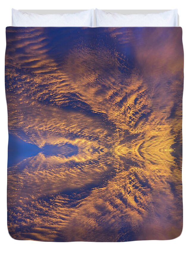 Clouds Duvet Cover featuring the digital art Golden clouds in the dark blue sky, guardian angel by Adriana Mueller