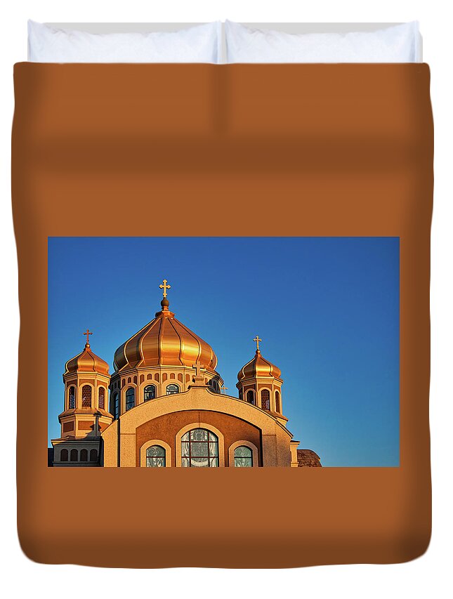 Church Duvet Cover featuring the photograph Golden cupolas by Tatiana Travelways