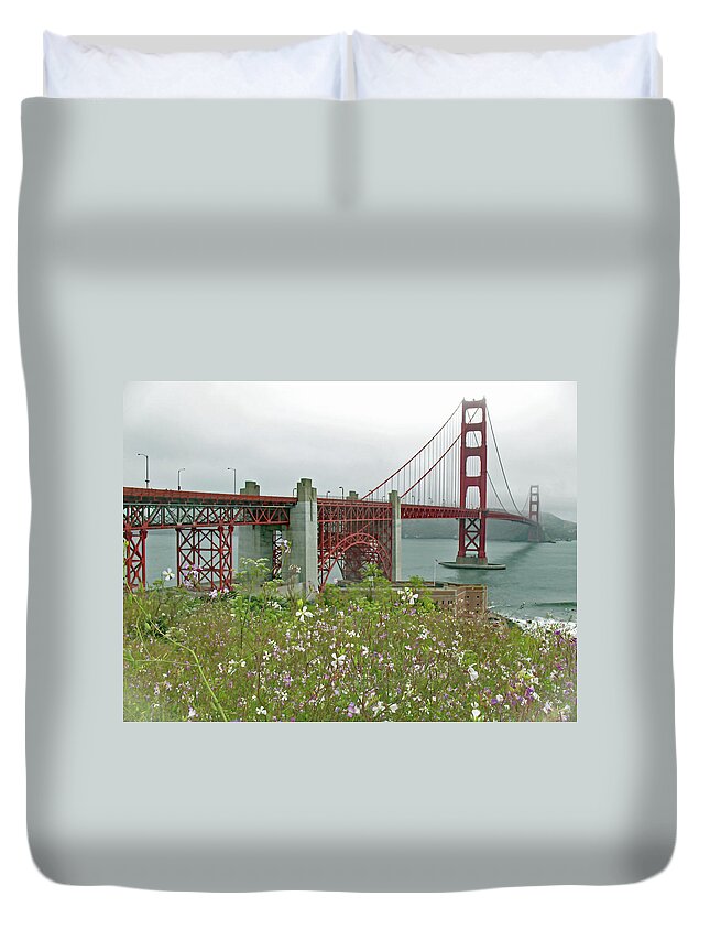 Golden Gate Bridge Duvet Cover featuring the photograph Golden Gate Bridge and Summer Flowers by Connie Fox