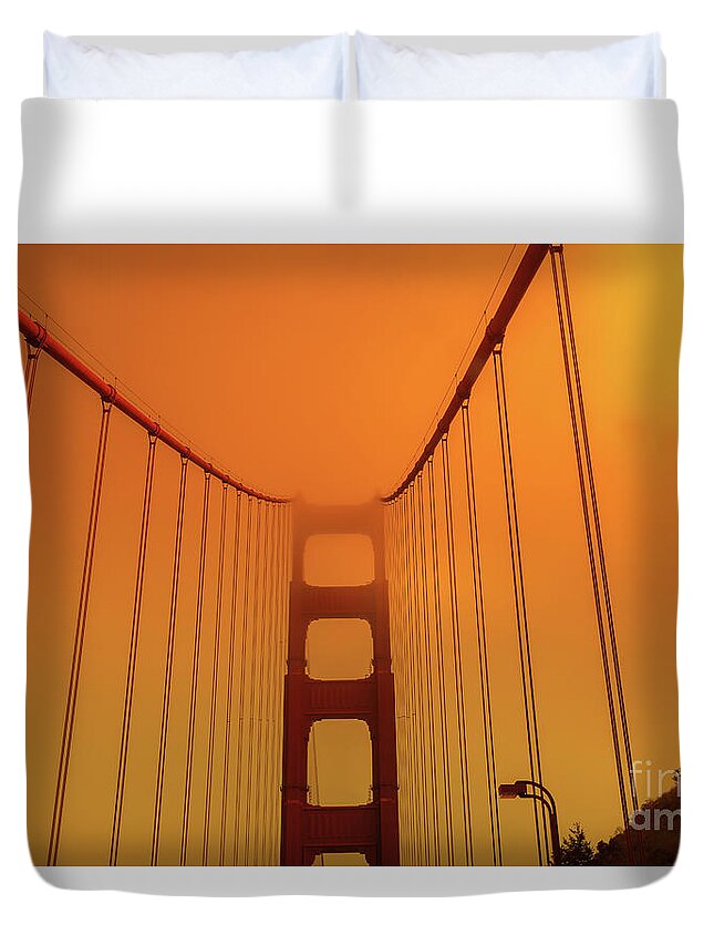 San Francisco Duvet Cover featuring the photograph Golden Gate Bridge smoky sky by Benny Marty