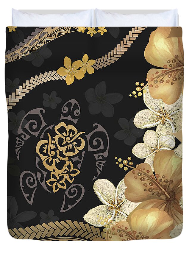 Hawaiian Bark Cloth Duvet Cover featuring the digital art Golden Hawaiian Hibiscus Tapa Fusion by J Marielle