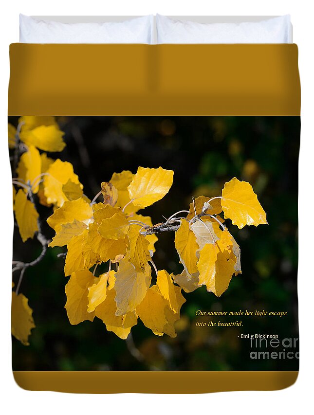 Autumn Duvet Cover featuring the photograph Golden Leaves with Text by Kae Cheatham