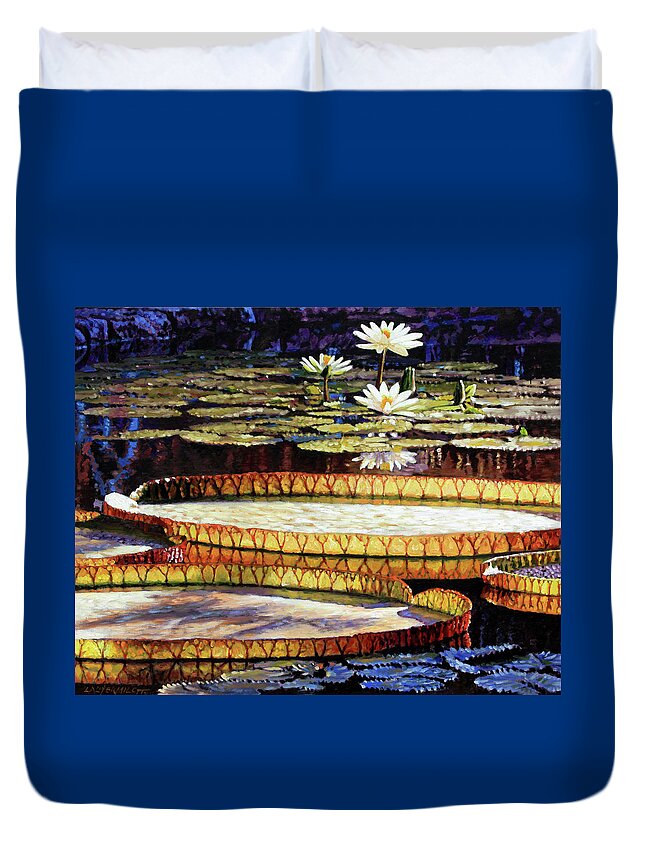 Garden Pond Duvet Cover featuring the painting Golden Light by John Lautermilch