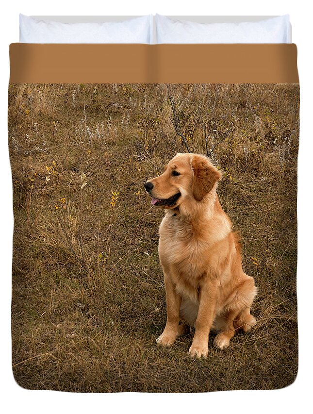 Dog Duvet Cover featuring the photograph Golden Retriever Smiling by Karen Rispin