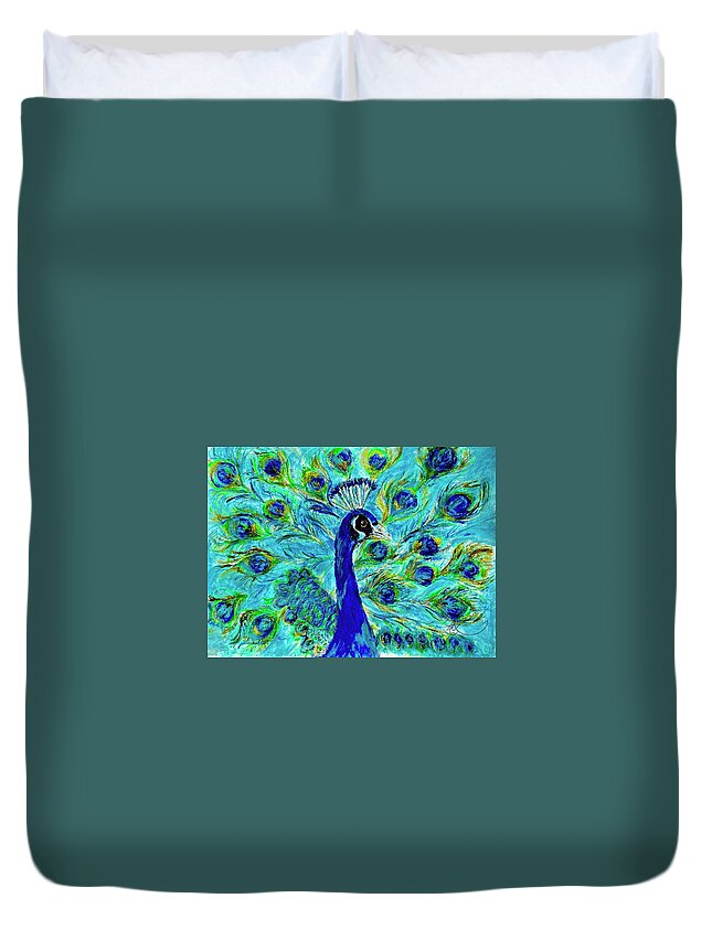 Peacock Duvet Cover featuring the painting Bird of Gold and Blue Plumage by Melody Fowler