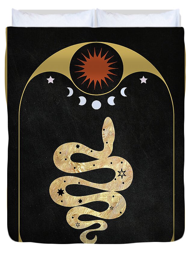 Golden Serpent Duvet Cover featuring the painting Golden Serpent Magical Animal Art by Garden Of Delights