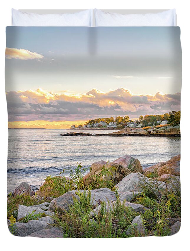 Atlantic Ocean Duvet Cover featuring the photograph Golden Sunlight at Rocky Neck by Marianne Campolongo