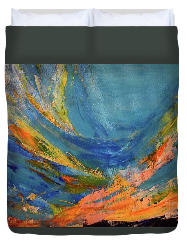 Sunset Duvet Cover featuring the painting Golden Sunlight is Kissing Blue Sky by Leonida Arte