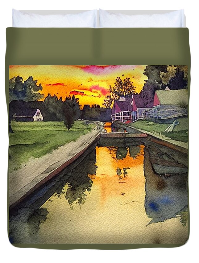 Waterloo Village Duvet Cover featuring the painting Golden Sunset on the Morris Canal at Waterloo Village, 1 by Christopher Lotito