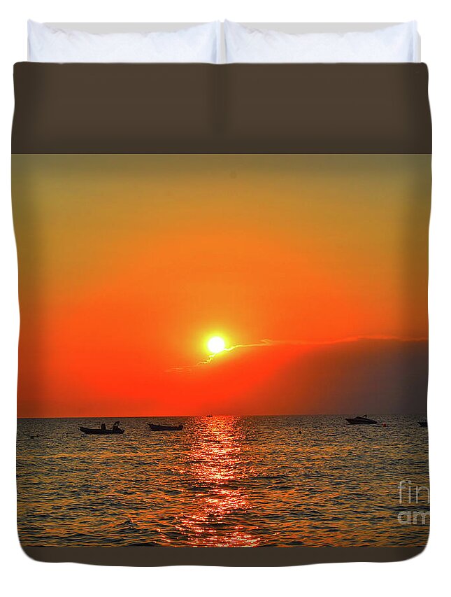 Harmony Duvet Cover featuring the photograph Golden Sunset Seascape And Boats by Leonida Arte