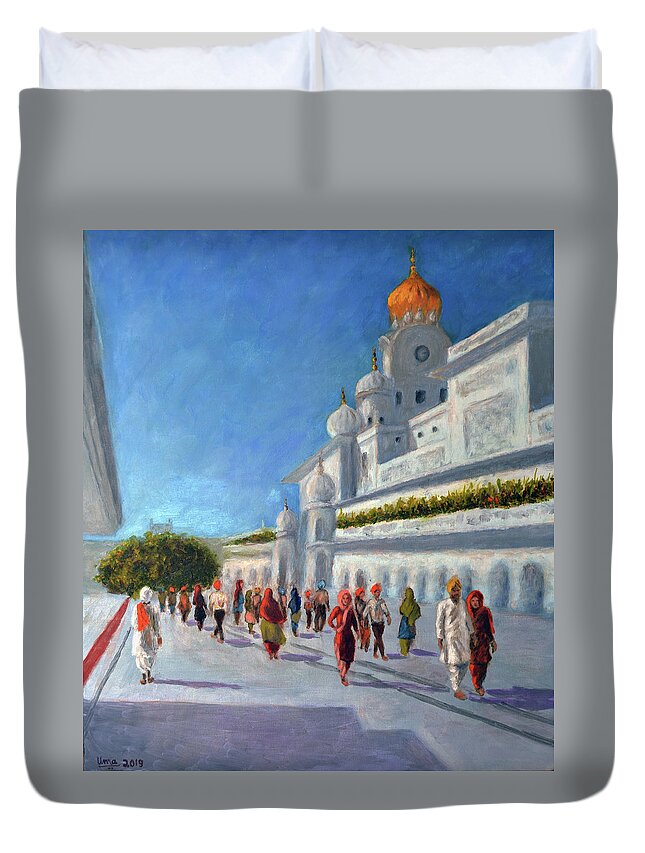 Golden Temple Duvet Cover featuring the painting Golden Temple Series 2 by Uma Krishnamoorthy