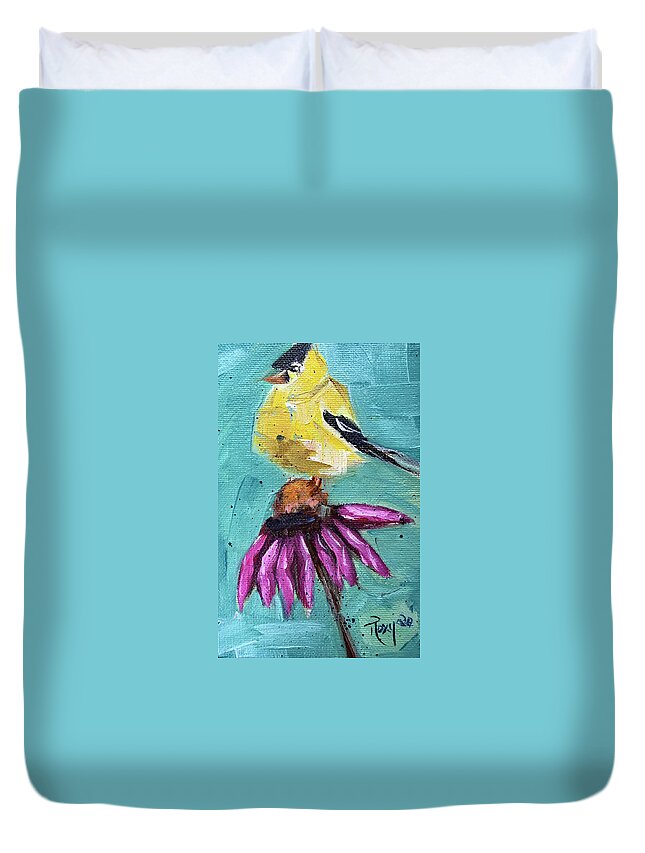 Goldfinch Duvet Cover featuring the painting Goldfinch on a Coneflower by Roxy Rich