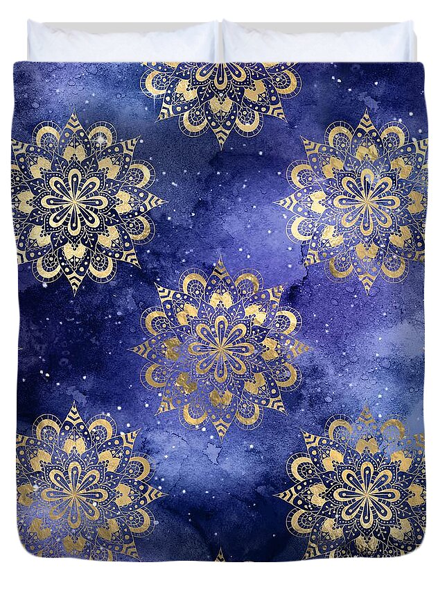 Watercolor Duvet Cover featuring the digital art Goleva - Blue Gold Watercolor Mandala Galaxy Dharma Pattern by Sambel Pedes