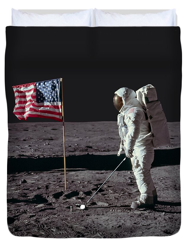 Astronaut Duvet Cover featuring the photograph Golf on the moon by Delphimages Photo Creations