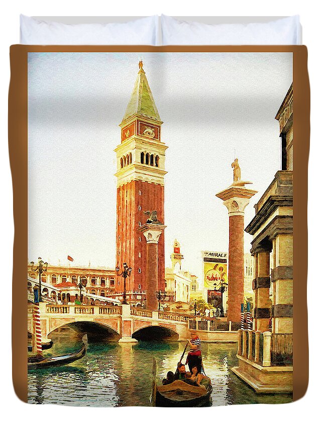 Gondola Duvet Cover featuring the mixed media Gondola ride at Venetian, Las Vegas by Tatiana Travelways