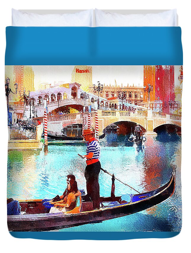 Venice Las Vegas Duvet Cover featuring the mixed media Gondola rides at the Venetian Las Vegas by Tatiana Travelways