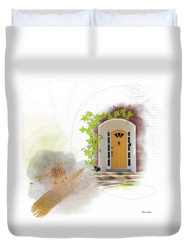 Yellow Duvet Cover featuring the mixed media Good Door Sunshine by Moira Law