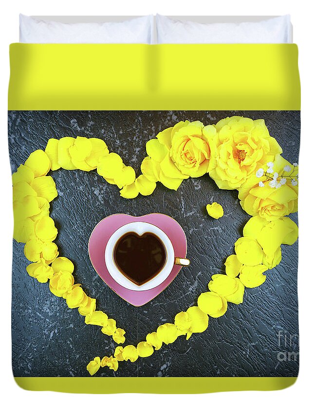 Yellow Duvet Cover featuring the photograph Good morning concept with coffee cup in heart shaped fresh yellow roses. by Milleflore Images