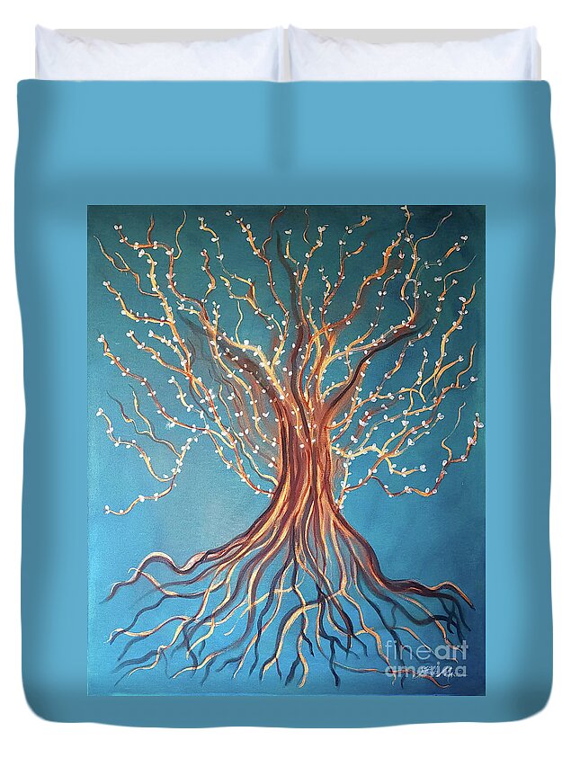 Tree Duvet Cover featuring the painting Good Roots Bear Fruits by Artist Linda Marie