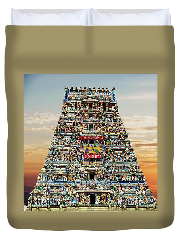 Chennai Duvet Cover featuring the photograph Gopuram sculptures as entrance to Kapaleshwara by Steve Estvanik