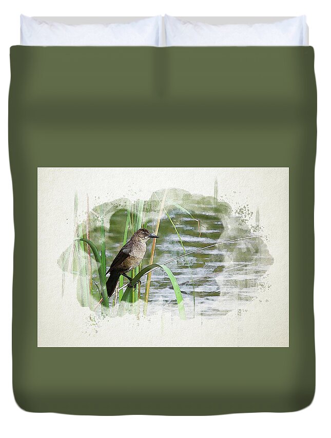Grackle Duvet Cover featuring the digital art Grackle by the Lake by Alison Frank