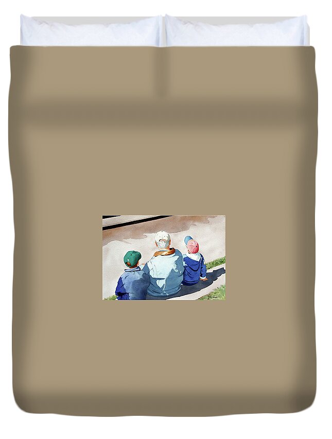 Grandfather Duvet Cover featuring the painting Grampa and the Boys by Jim Gerkin