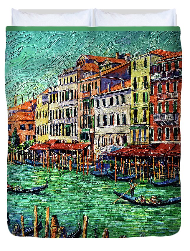 Venice Grand Canal Duvet Cover featuring the painting GRAND CANAL IN VENICE detail - palette knife oil painting Mona Edulesco by Mona Edulesco
