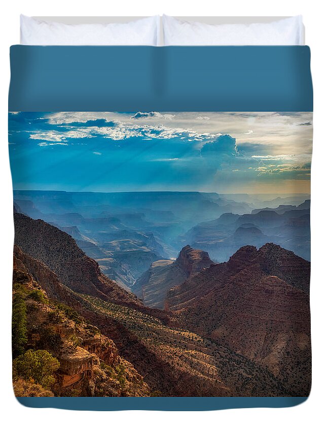 Grand Canyon Foggy Fog Arizona Geology Fstop101 Landscape Blue Hue Mist Misty Duvet Cover featuring the photograph Grand Canyon Foggy Evening by Geno Lee