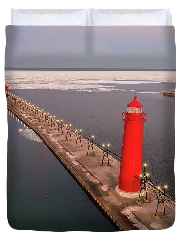 Northernmichigan Duvet Cover featuring the photograph Grand Haven Light House DJI_0458 HRes by Michael Thomas