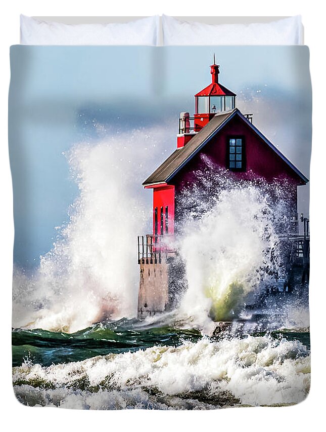 Lake Michigan Duvet Cover featuring the photograph Grand Haven Splash by Joe Holley
