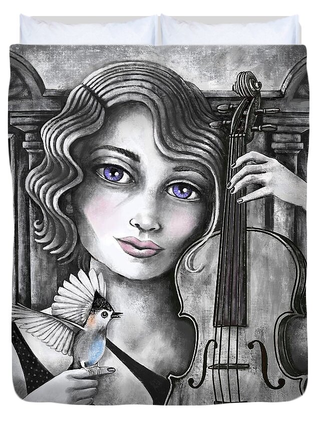 Black And White Duvet Cover featuring the digital art Grandmas Violin by Valerie White