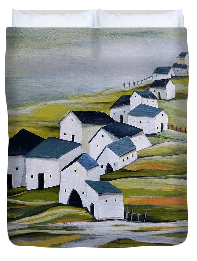 Semi-abstract Landscape Duvet Cover featuring the painting Grandma's village by Aniko Hencz