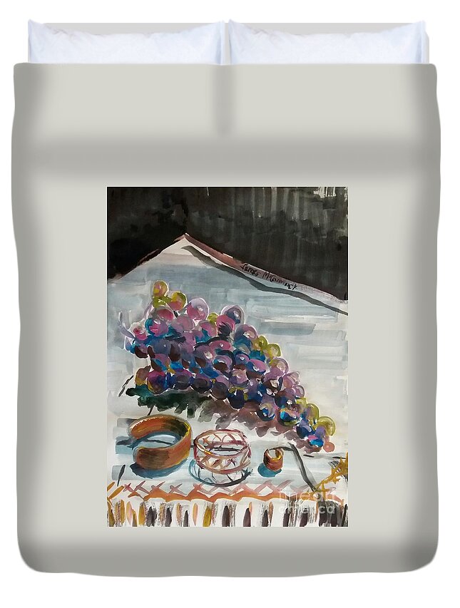Grapes Duvet Cover featuring the painting Grapes and Copper by James McCormack